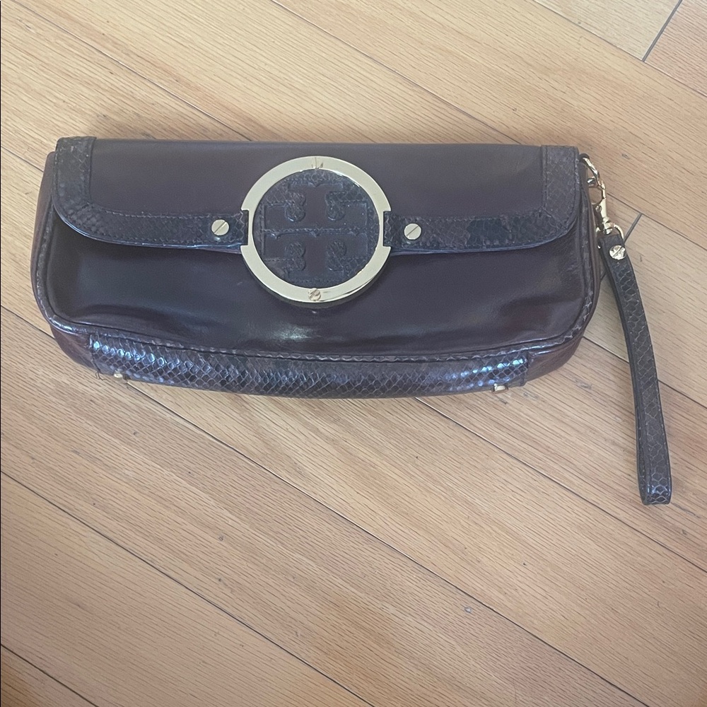 Tory Burch Dark Brown Leather Clutch with Gold Accent